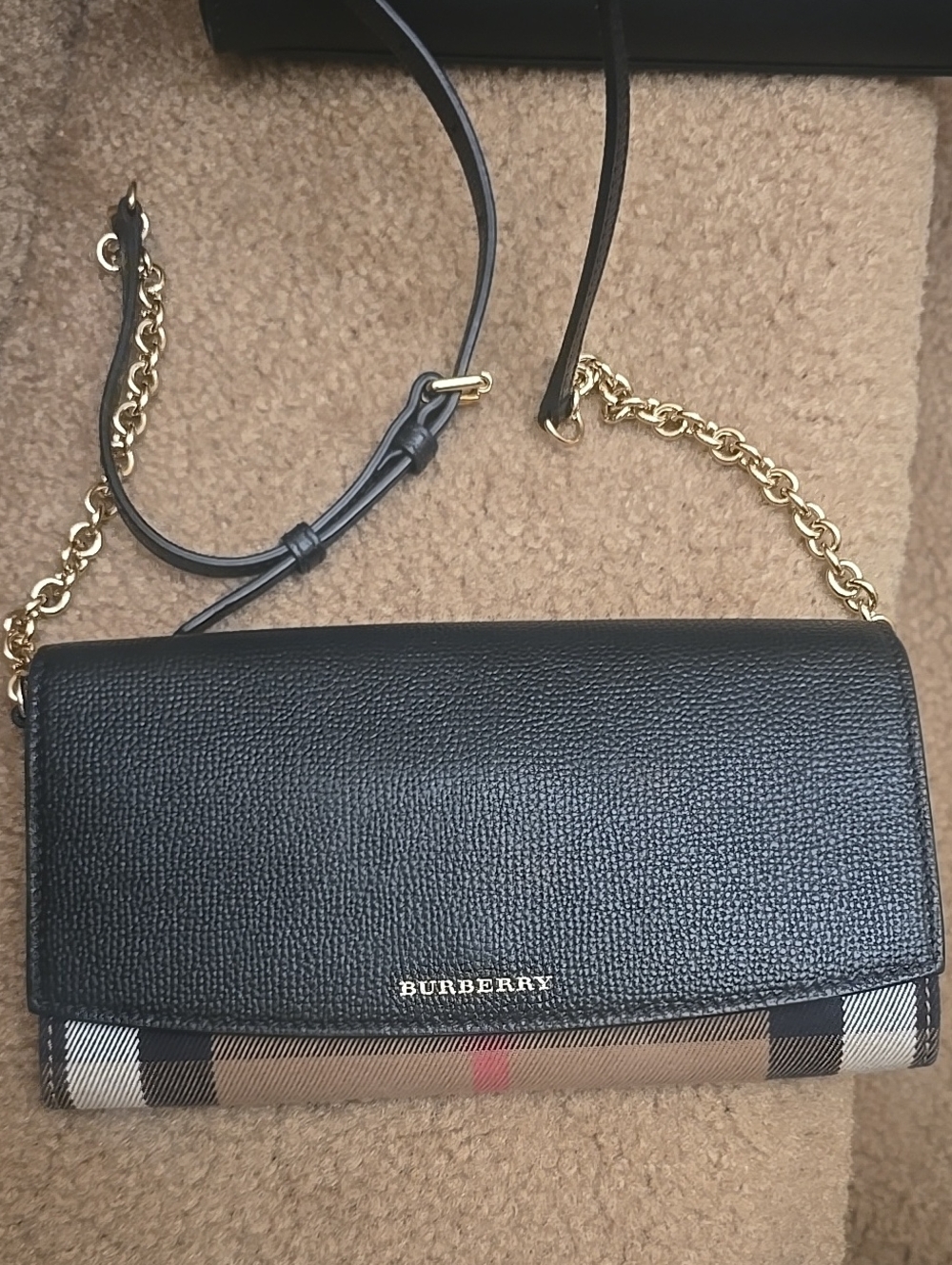 Burberry Black Leather and Vintage Check Chain Crossbody